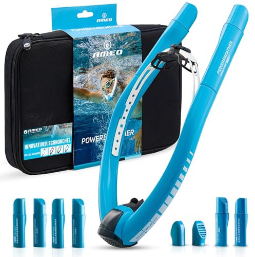 AMEO POWERBREATHER Hypoxy - Atem Trainingsgerät fürs Schwimmbecken mit 100% Frischluft für Erwachsene und Kinder - Schnorchelset mit intelligentem Ventilsystem und 100% trockener Atemluft