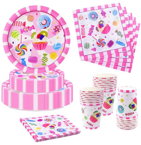 Nkaiso Vaisselle Anniversaire, 96 Pcs Sucreries Vaisselle de Fête Kit Vaisselles Anniversaire Fille Assiettes Carton Gobelet Serviettes Paille, Fournitures de Fête, Baby Shower- 24 invités