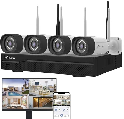 NIVIAN WiFi CCTV Kamerasystem 2K – KI-Menschenerkennung, Zwei-Wege-Audio, Dual-Nachtsicht, Aufzeichnung, EseeCloud App, HDMI-Ausgang (10 Kanäle - 4 Kameras, CCTV-Kit)