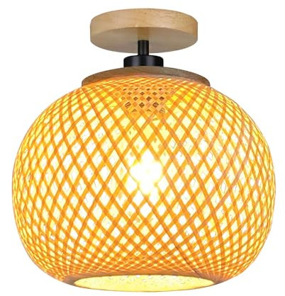 YIKEGE LICHT Vintage Boho Rattan Holz Deckenleuchte Hängelampe Bambus Lampe Φ25cm Rund Lampenschirm Groß Deckenlampe Badlampe Badezimmerlampe - E27 Deckenleuchten für das Bad Küche Schlafzimmer Flur