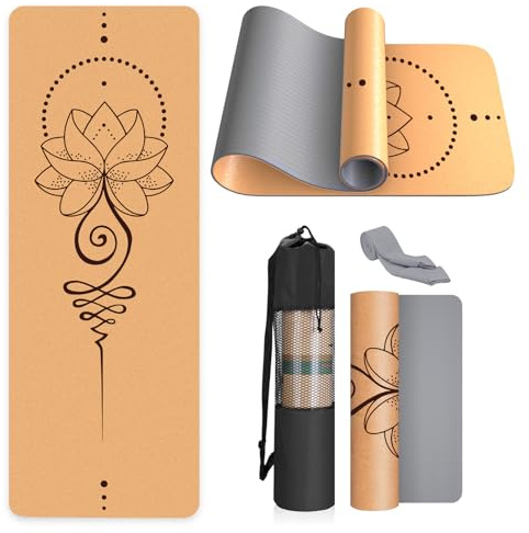 Haninj® Yogamatte Kork – Rutschfeste Yoga Matte, Einzigartiges Design, Naturkautschuk TPE Gymnastikmatte, Trainingsmatte mit Tragetasche & Gurt, für Zuhause, Pilates, Aerobic Fitnessstudio und Workout