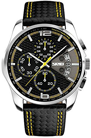 SKMEI Herren-Armbanduhr, modisch, großes Zifferblatt, Edelstahl, wasserdicht, leuchtend, analog, Quarzuhr, Tag, Datum, Luxus, Business, blaue Armbanduhren für Herren, Geschenke, gelb