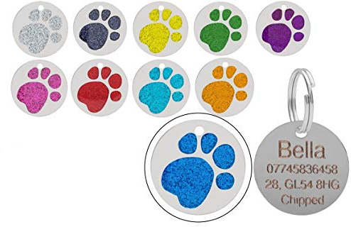 Personalised Engraved Round Glitter Paw Print Dog/Cat Pet ID Tag Small/Large (25mm - Standard, Blue)