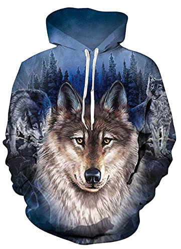 ALISISTER Kapuzenpullover Herren Damen Hoodie 3D Neuheit Wald Wolf Grafik Hooded Pullover Sweatshirt Teen Mädchen Jungen Kapuzenpullis mit Taschen L