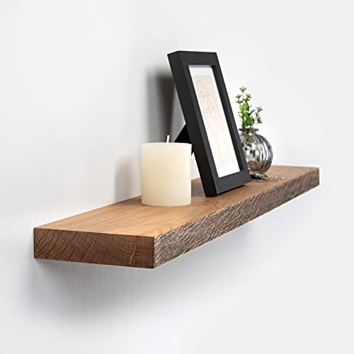 Rikmani Wandregal Holz Eiche massiv - Handgefertigtes Regal mit Baumkante Bücherregal Holzregal Wandboard 50 cm x 15 cm x 4 cm