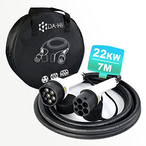 EV Ladekabel Typ 2 22KW 7m 32A 3 phasig für Elektroauto und PHEV kompatibel mit ZOE Model 3/S/X/Y e-tron iX3 Taycan u.a, IP54 weiß/schwarz