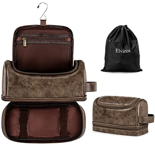 Elviros Large PU Leather Hanging Toiletry Bag for Men Double-Layer | Water-Resistant, Swivel Metal Hook, 30.5x12x18cm, Includes Shoe Bag, Unisex