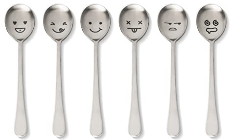 BAPMOO Spoons Set 6 Pieces Silver Stainless Steel Happy Face Funny Facial Expression Engraved Good for Gift 8.26 Inch Korean Flatware Reusable Long Handles Rice Asian Metal Set