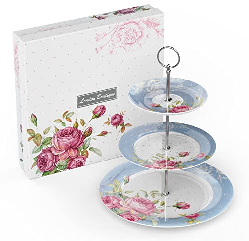 London Boutique Soporte para Tartas de 3 Niveles para té de la Tarde, Platos de Porcelana China, diseño Vintage para Fiesta de té, té en casa, Regalo para Ella (Azul)