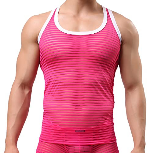 Uneihoiz Débardeur rayé en maille souple sans manches pour homme, rose rouge, L