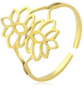 Lotus Blumen Ringe für Frauen Mädchen Floral Ring Band verstellbar Edelstahl Lotos Offener Ring Schmuck Geschenke für Geburtstag Jahrestag Neujahr Weihnachten (Stil 2-Gold)