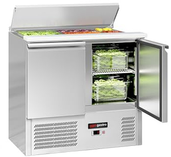 GGM Gastro | SAG97ND#07 | Saladette ECO - 903mm - 2 Türen - mit Einlass für 2x GN 1/1 & 3x GN 1/6 & Edelstahldeckel