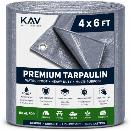 KAV Universal Premium Cover Tarpaulin Waterproof Heavy Duty Tarp with Eyelets Ground Sheet in Grey for Garden Furniture, Pool, Car, Truck (4 x 6 FT)