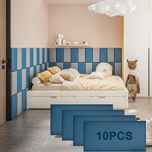 YLL YLL Peel and Stick Headboard Blue Upholstered Wall Panels Pack of 10 Panels 3D Anti-Collision Wall Padding Wall Mounted headboard Soundproof Wall Panels