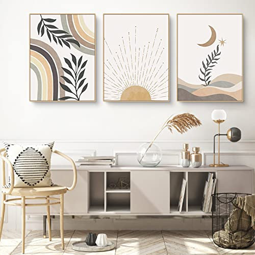 3er Boho Poster Set, Die Sonne geht über dem Meer auf, Stern und Mond, Minimalistische Leinwanddrucke Kunstwerk, Modern Wandkunst Dekor für Bad, Schlafzimmer, Wohnzimmer - OHNE Rahmen (21x30cm)