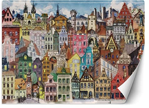 Feeby Fototapete Stadt Mietshäuser 450x315 cm mehrfarbig XXL Vlies Wandtapete Tapeten Wohnzimmer Schlafzimmer Jugendzimmer Moderne Design Wandbild Wand Dekoration Für Kinder Abstrakt