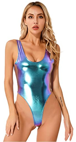 TiaoBug Damen Einteiler Figuroptimizer Badeanzug Bauchweg Schwimmanzug Sexy Metallic Monokini Mit Hoher Beinausschnitt Wetlook String Body Bodysuit Türkis Blau M