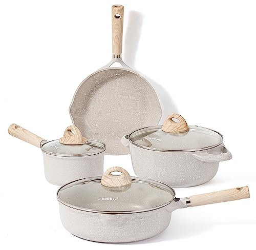 CAROTE Batteria di pentole e padelle 7 Pezzi,Set Padelle Antiaderenti,Padella 24cm,Casseruola 16/24cm,28 Wok,Set di pentole Per induzione e Gas,Senza PFOA/PFOS
