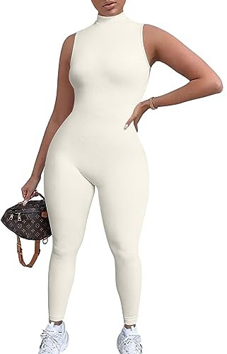 TOB Frauen Yoga Jumpsuits Workout Gerippt Ärmellos Sport Jumpsuits, Beige, Small