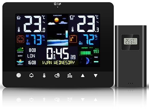 ALLOMN Wetterstation mit Außen Innen Sensor, Multifunktion Touch Funkwetterstation Kabellose Digitale Wetterstation mit Temperatur/Luftfeuchtigkeit/Luftdruck/Wettervorhersage/Doppelwecke