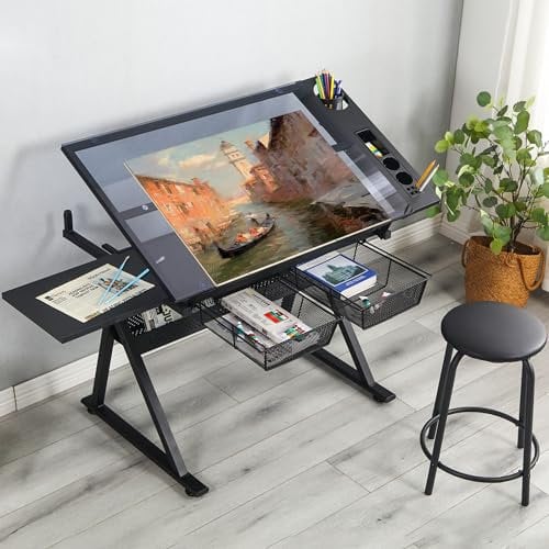 LIFE SKY Zeichentisch Verstellbarer Art Desk - LifeSky Artist Zeichentisch Glasplatte mit Hocker Schwarz