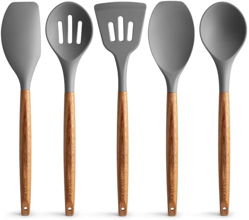 Zulay Kitchen Set di utensili da cucina in silicone antiaderente con manici in autentico legno di acacia, set di 5 utensili da cucina in silicone con resistenza al calore di 240 °C, grigio