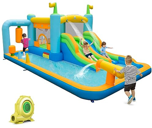 GOPLUS Hüpfburg mit Wasserrutsche, Wasserpark mit Doppelrutsche, Pendel, Sprungbereich, großem Becken & Wasserpistolen, Bouncy Castle für Kinder 3-10 Jahre (Boxen, Mit Gebläse)