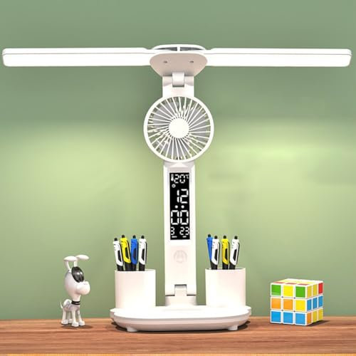 Lampe de bureau LED à double tête avec ventilateur, lampe de bureau à intensité variable, 3 couleurs, contrôle tactile, lampe de bureau rechargeable par USB pour la maison, le bureau, l'étude, la