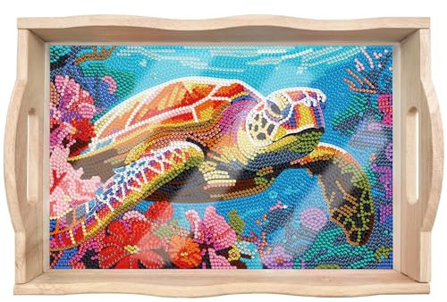 DIY Diamond Painting Wooden Tray, Breakfast Tray, Serving Tray with Handles, Diamond Painting Crystal Art Wooden Tray, Rectangular Kitchen Tray, Diamond Wooden Tray (31 Sea Turtle)