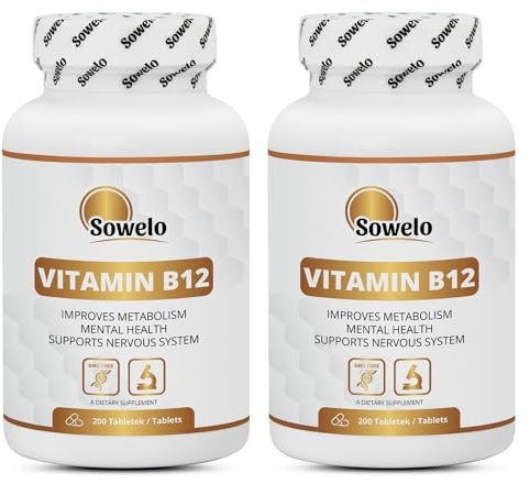 Sowelo - Vitamin B12, 200 Tabletten Vitamin B12 Hochdosiert, Hohe Konzentration 100 mcg (Cyanocobalamin), Verringert das Gefühl von Müdigkeit (2-Pack)