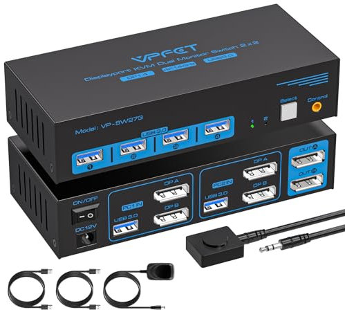 AILVLVNG 4K144Hz Displayport KVM Switch 2 Monitors 2 Computers USB3.0 KVM Switch Dual Monitor for 2 Computers Share 2 Screen and 4 USB Devices Support Extended/Copy Mode With Desktop Controller