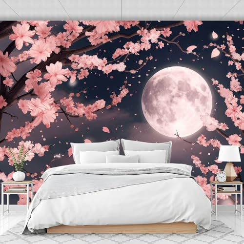 GSAEIMCT Wandtapete Nacht Kirschblüten Tapete Wandtapete Klebefolie Tapetenfolie Wand Dekoration Wandaufkleber Wohnzimmer Japanischer Stil Wallpaper Tapet Wasserfeste Sticker Rosa