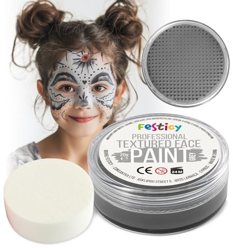 Festicy Profi Theaterschminke Grau, 20g, inkl. Schwamm | Halloween Schminke 2025 & Karneval | EN 71-3 & Reach Zertifiziert | Kinderschminke für mind 30 Gesichter I Statue, Geist, Alter Mann