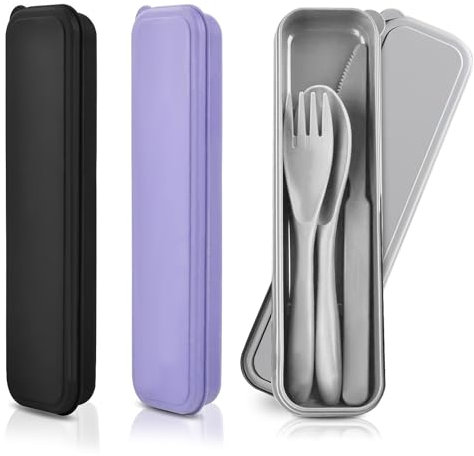 3 Sets Travel Cutlery Set, Reusable Plastic Knife Fork Spoon Set Portable Camping Cutlery Set with Case for Travel Picnic Outdoor Office School Lunch Box or Daily Use (Gray, Black, Purple)