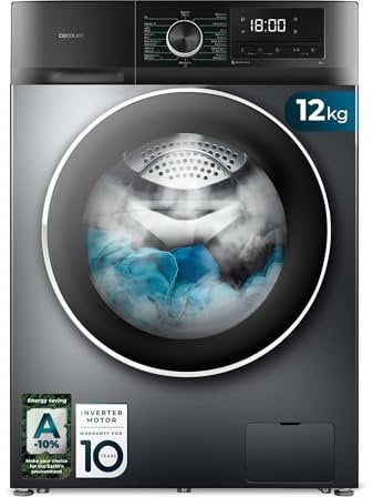 Cecotec Lavatrice a Carica Frontale 12Kg Bolero DressCode 12500 Inverter Steel. 1400RPM, Inverter Plus, 16 programmi, SteamMax, Pearl Drum, Delay Start, Drum Clean, Display, Allergy Care, Stop&Go