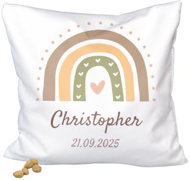 ORWO Kinder-Kirschkernkissen personalisiert mit Namen und Geburtsdaten | 20 x 20 cm | Kinderwärmekissen mit Motiv | weiches Baumwollgewebe | hautfreundlich (Regenbogen)