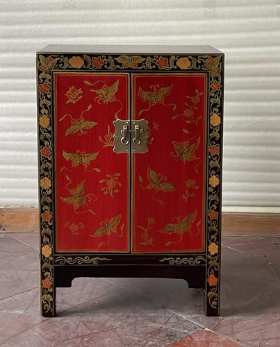 Kunibert Antike chinesische Kommode Tibet Anrichte Asia Sideboard Chinakommode mit 2 Türen und 2 Regalablageflächen Breite57xHöhe85cm Farbe: Nussbaum mit Gold