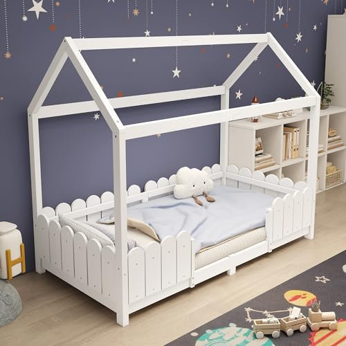 Wuudi Hausbett 90x200 cm - vielseitiges Holz Kinderbett für Jungen & Mädchen - Mit Rausfallschutz und Lattenrost – Weiß (Ohne Matratze)