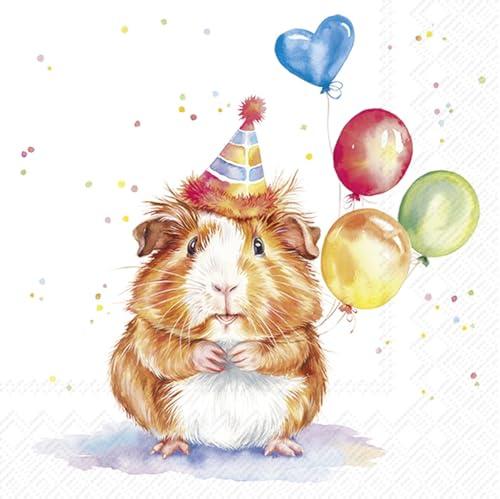 IHR - L 1066200 - Lunch Servietten, Papier, 20 Stück, Geburtstag, Birthday Kalli, Meerschweinchen, rot, 33cm x 33cm, 3 Lagig