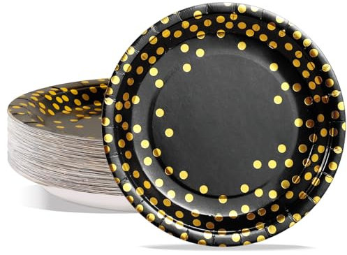PYAILI Party Paper Plates, 50-Pack Disposable Black and Gold Plates, Foil Polka Dots, 18 Centimetres-7 Inch