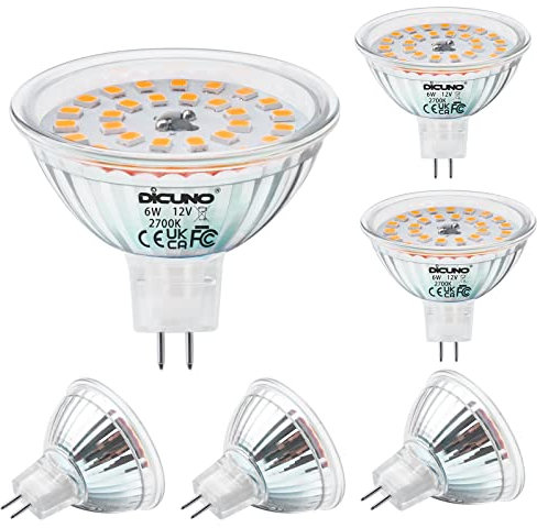 DiCUNO GU5.3 LED Warmweiß 6W, MR16 LED Lampe ersetzt 60-70W Halogen, 2700K, 530lm, 12V DC Reflektorlampen, 120° Abstrahlwinkel, für Einbauleuchter, Nicht dimmbar, Kein Flackern, 6er Pack