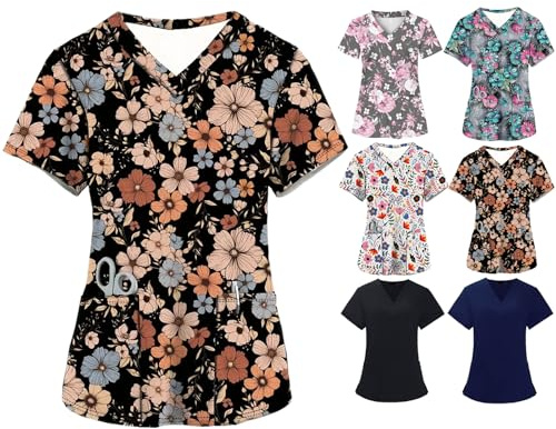 Scrub Tops Women Floral Print Scrubs V Neck Short Sleeve Stretch Functional Workwear Nurse Uniform