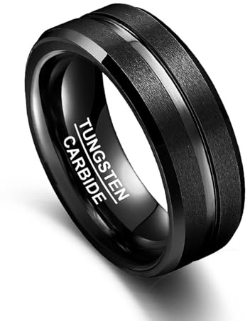 VAKKI Ring Herren Damen 6mm/8mm Wolfram Ringe Schwarz/Silber/Schwarz Blau Eheringe mit Rille und Abgeschrägte Kanten Größe 52(16.6)-72(22.9)