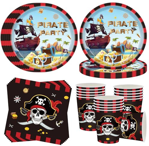 Piraten Partygeschirr für 16 Gäste,52 Stück Piratenschiff geburtstag Pappteller Set,Pirate Partygeschirr Deko,Piraten Pappteller Servietten Becher,Pirate Party geschirr für Junge Kindergeburtstag