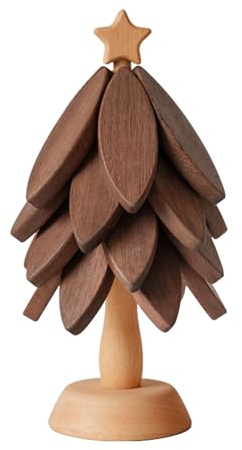 Solid Wood Trivets for Hot Dishes, Christmas Tree Trivet Set with Stand, 4 Ebony Wood Trivets Foldable Storage Design, Solid Wood Heat Resistant Pot Holder for Kitchen (Ebony + Beech)