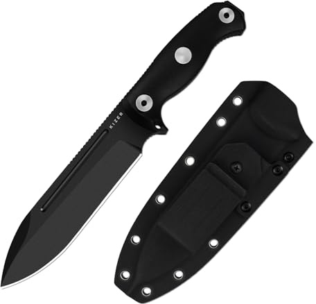 Kizer Drop Bear Fix 7 Couteau à Lame Fixe, 16,53 cm Lame 1095 Couteau de Randonnée avec Manche G10 et Pommel Marteau, Couteaux de Survie à Soie Entière avec Étui et Clip Rotatif, 1103A2