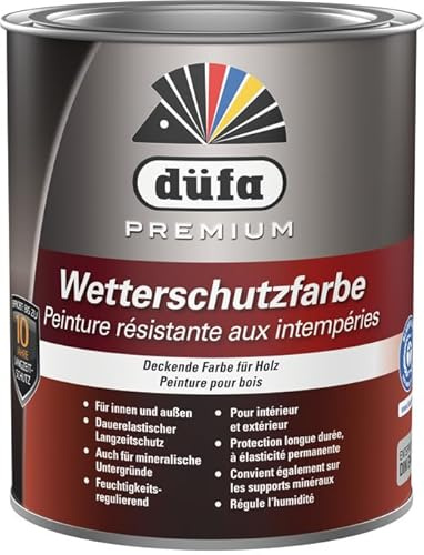 düfa Premium Wetterschutzfarbe 750ml Holzfarbe Dauerschutzfarbe Holzlack │ Wasserbasiert │ für Innen & Außen (Weiß)