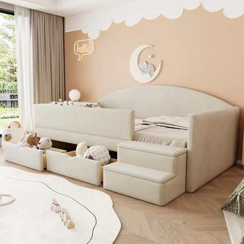 Soweiz Polsterbett Sofabett 90x190cm, Kinderbett mit Zwei Schubladen und Zäunen, Mit Stufen, Hautfreundlicher Samtstoff, ohne Matratze (Beige)