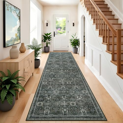 IMIYOKU Läufer Flur rutschfest Vintage 80x300 Teppich Flur Eingangsbereich Boho Waschbar Flurteppich Lang Grüner Läufer Schlafzimmer Küche Kurzflor Teppich