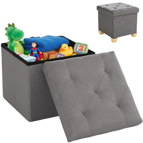 DUMOS Hocker mit Stauraum, Aufbewahrungsbox mit Deckel, 38 x 38 cm Fußhocker für Sessel, Sitzhocker mit Stauraum, bis 150 kg Belastbar, Fusshocker für Wohnzimmer Schlafzimmer Schlafsaal, Dunkelgrau